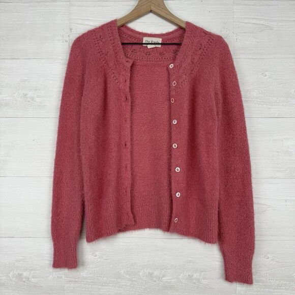 The Reeds x J.Crew Size M Fuzzy Cardigan Sweater Flamingo Pink Eyelash Preppy - Picture 1 of 16